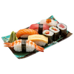 Assorted Sushi Nigiri and Maki on Plate with Transparent Background