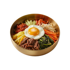 Bibimbap with Fried Egg in Golden Bowl on a Transparent Background