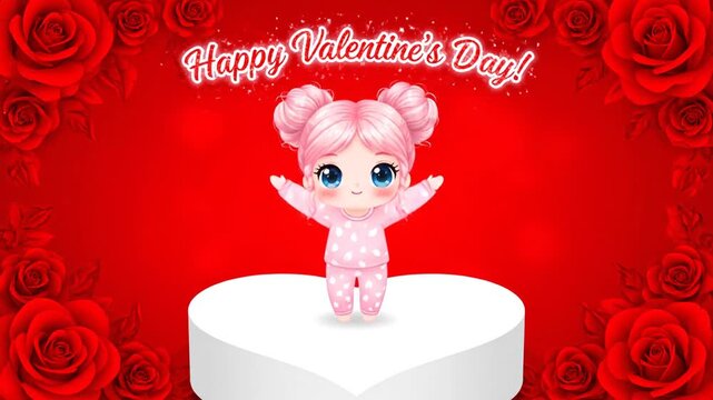 Cute Pink Pajamas Girl on Heart Stand, Happy Valentine's Day Message Surrounded by Red Roses and Glitter, Perfect for Holiday Greetings and Decor