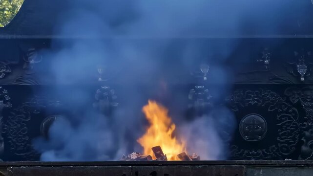 Sacred Fire Burning with Smoke in a Tranquil Temple Setting During a Spiritual Ritual. Seamless looping 4k video background