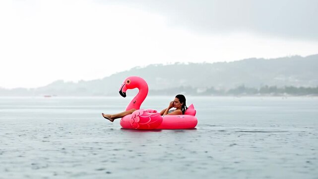 A woman relaxes on a pink flamingo float in tranquil waters.