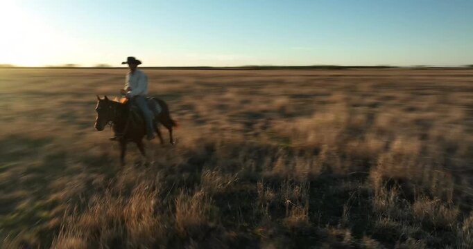Man Wearing Cowboy Hat Riding Running Horse Through Grassy Field in Rural Countryside at Sunset