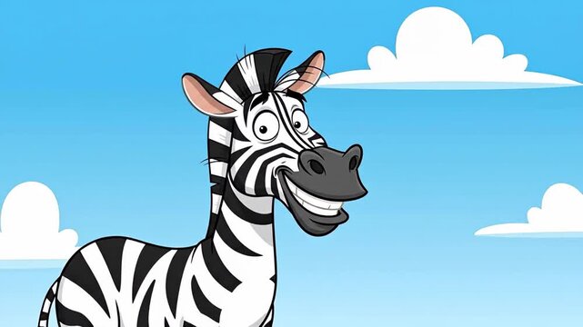 A cheerful cartoon zebra smiling against a bright blue sky.