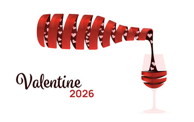Abstract red ribbon shaped as wine bottle pouring hearts into a glass. Creative Valentine's Day celebration concept on white background.