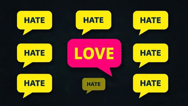 Yellow and pink speech bubbles with words hate and love on dark blue background. Contrasting concepts, positive and negative feelings. Illustration for social media.