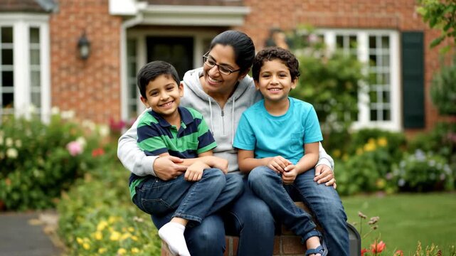 A smiling Indian woman sits with her two happy sons near their brick house with green shutters under natural lighting, capturing a heartwarming family moment.