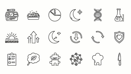 Fototapeta premium Comprehensive Health and Wellness Line Icon Set: Covering Diet, Nutrition, Sleep, Science, Fitness, and Balanced Lifestyle Concepts