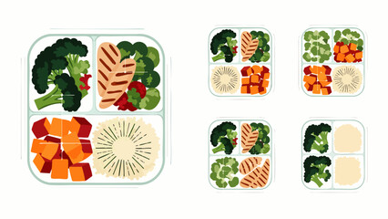 Healthy meal prep containers with balanced portions of grilled chicken, broccoli, sweet potato, and rice. Ideal for diet planning, nutrition, and portion control.