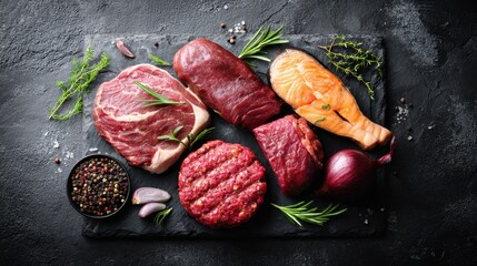 Different kinds of raw meat including beef pork and salmon are displayed on a dark stone surface. Fresh herbs and spices are placed around the meat in a kitchen area.