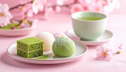 A cup of tea with pink macaroons on a table decorated with fresh spring flowers