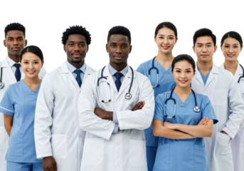 Diverse group medical professionals smiling confidently, representing a dedicated and compassionate healthcare team ready to provide excellent patient care.