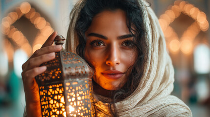 A serene woman holding a lantern during Dahe ye Fajr celebrations in Iran, capturing the essence of Fajr Decade