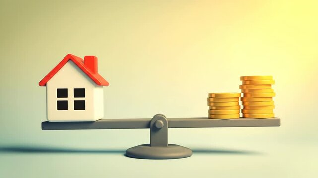 A balanced scale featuring a toy house and stacked coins against a soft yellow backdrop, symbolizing property investment and financial equilibrium.