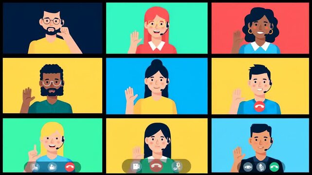 A 2D animation of diverse people in a 3x3 grid, displaying various gestures in a flat design and vector style, suitable for corporate style presentations or motion graphics projects