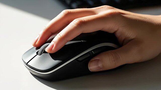 Close-up of a hand using a sleek computer mouse on a desk.