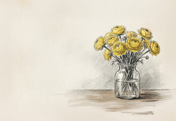 Artistic pencil sketch of yellow ranunculus flowers in glass vase on beige paper background, hand-drawn botanical floral illustration for vintage or decorative design use