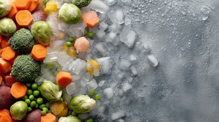 Fresh vegetables in colors of orange green and purple are set against a gray backdrop. Ice cubes are mixed among the vegetables showing contrast in texture and temperature.