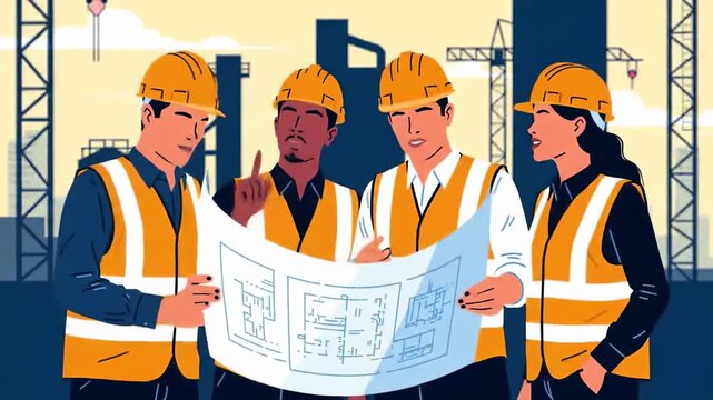 Animated 2D animation of construction workers in corporate style vector style discussing blueprint at industrial site with flat design elements