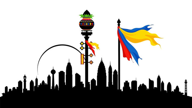 City skyline with flag and lamp post silhouette.