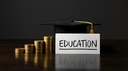 Graduation ceremony concept with education theme and coins stacked on a wooden table