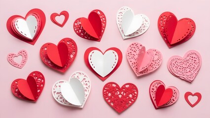 Fototapeta premium Red and white paper cutout hearts on pink background for valentine's day decoration