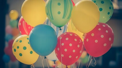 Colorful balloons with polka dots and stripes tied together in a festive bunch