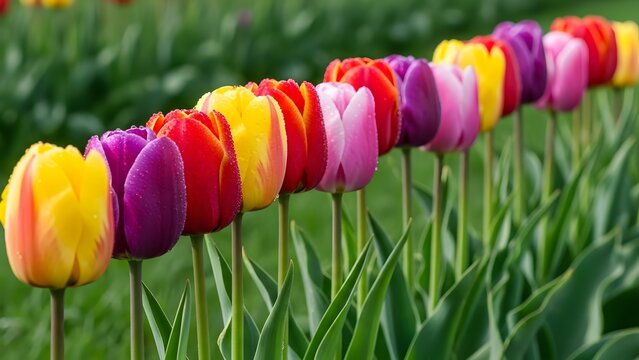 Vibrant tulips in a row, colorful flowers in garden, blooming plants with green - Powered by Adobe