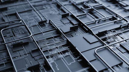 Dark 3D Circuit Board Hardware Tech Background. 3d rendering