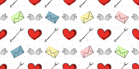 Soft Grey Heart Valentine Pattern with Small Red Love Icons Seamless Romantic Background