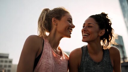 Joyful Togetherness: Two women in athletic attire share a moment of laughter, their faces illuminated by sunlight and building. Expressing the joy of friendship and the beauty of shared experiences.