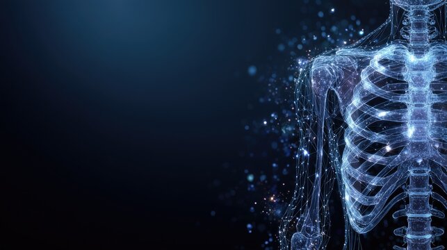 Digital Human Skeleton with Glowing Blue Wireframe for Technology and Medical Visualization