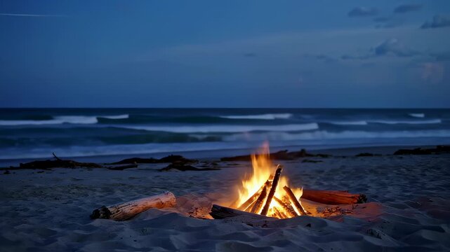 Campfire Burning on the Beach at Night with Gentle Waves Washing Ashore Under a Starry Sky. Seamless looping 4k video background