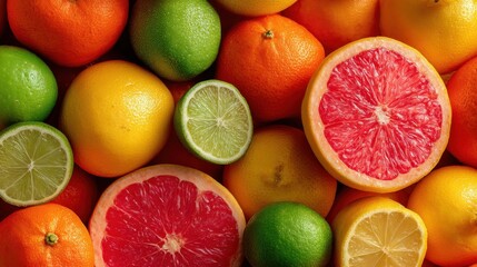 An assortment of citrus fruits is displayed together. The arrangement includes oranges lemons limes and pink grapefruits. They are vibrant and fresh in color.