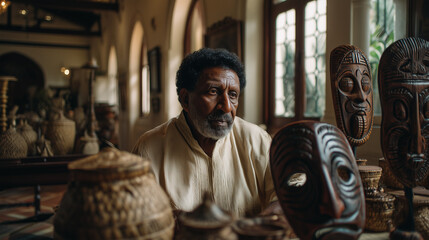 A man examines traditional masks at the Galle Literary Festival within the historic Galle Fort, Sri Lanka
