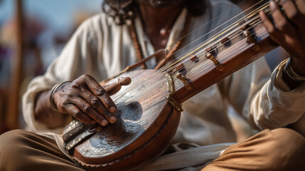 A musician playing a traditional stringed instrument at the Galle Literary Festival within the historic Galle Fort, Sri Lanka