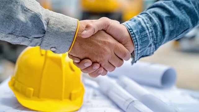 Deal sealed: The image captures a close-up of two individuals in construction, shaking hands to finalize a deal, with a construction helmet and blueprints in the frame.