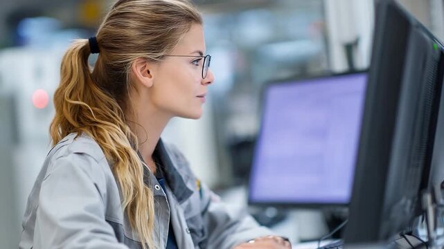 Focused Determination: A professional, eyes fixed on the display, embodying focused determination in a technological environment.