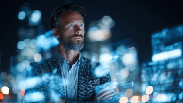 Visionary Outlook in the Metropolis: A determined professional gazes pensively towards a dynamic cityscape, a visual metaphor for ambition, business strategy, and forward-thinking