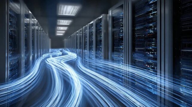 Digital Data Flow: Highlighting the continuous exchange of information within a modern data center. The image features rows of servers, emphasizing the importance of technology and the digital age.