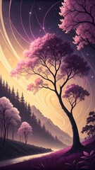 A serene forest at dusk, with vivid pink and purple trees against a starry sky.