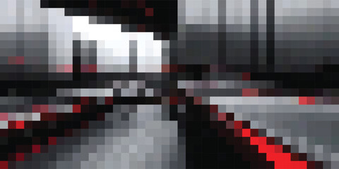 Abstract pixelated glitch art with red and black geometric shapes.