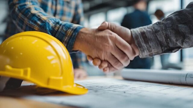 Building a Partnership: An image of two hands shaking, symbolizing the start of a collaborative project or agreement, framed by a construction helmet, plans.
