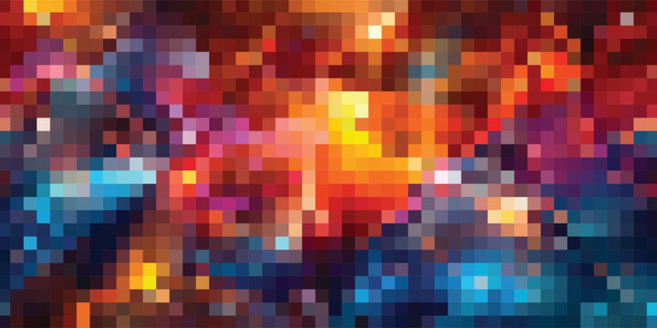 Abstract pixelated background with vibrant colors and geometric patterns.