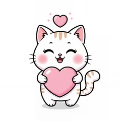 Adorable white cartoon cat holding a pink heart illustration.