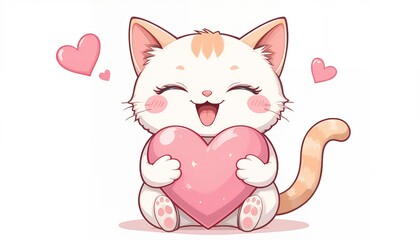 A cute cartoon kitten holding a pink heart and smiling happily