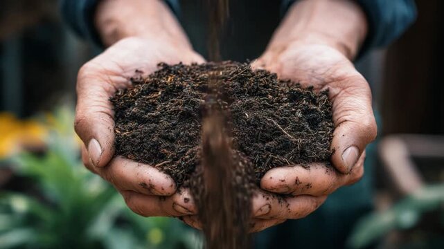 Earthly Embrace: An intimate moment as hands tenderly cradle and sift rich, dark earth, symbolizing the nurturing touch of the environment.