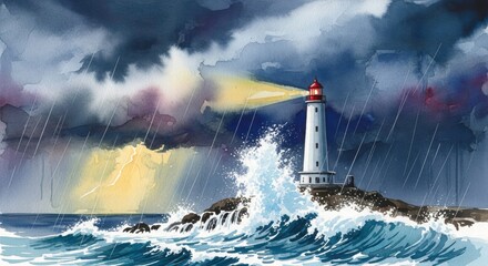 Guiding Light Amidst the Storm: A majestic lighthouse stands resolute against a turbulent sea and dark, ominous clouds, a beacon of hope illuminating the crashing waves.