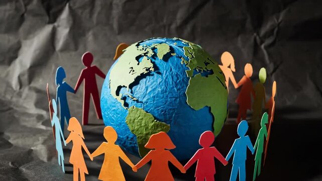 Paper cutout figures holding hands around a globe on a gray crumpled background, symbolizing global unity and international collaboration.