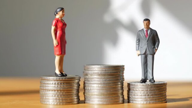 Pay gap concept showing miniature figures of a businesswoman and a businessman standing on uneven stacks of coins, highlighting economic inequality.
