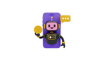 Cute robot holding a dollar coin with a smartphone and chat bubble